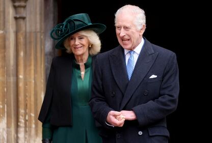 WINDSOR, ENGLAND - MARCH 31: King Charles III and Queen Camilla leave after attending the Easter Matins Service at St. George's Chapel, Windsor Castle, on March 31, 2024 in Windsor, England. (Photo by Hollie Adams - WPA Pool/Getty Images)