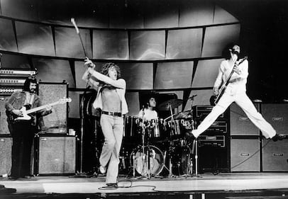 CIRCA 1973:  (L-R)  Bassist John Entwistle, singer Roger Daltrey, drummer Keith Moon and guitarist Pete Townshend of the rodk and roll band "The Who" perform onstage in circa 1973. (Photo by Michael Ochs Archives/Getty Images)