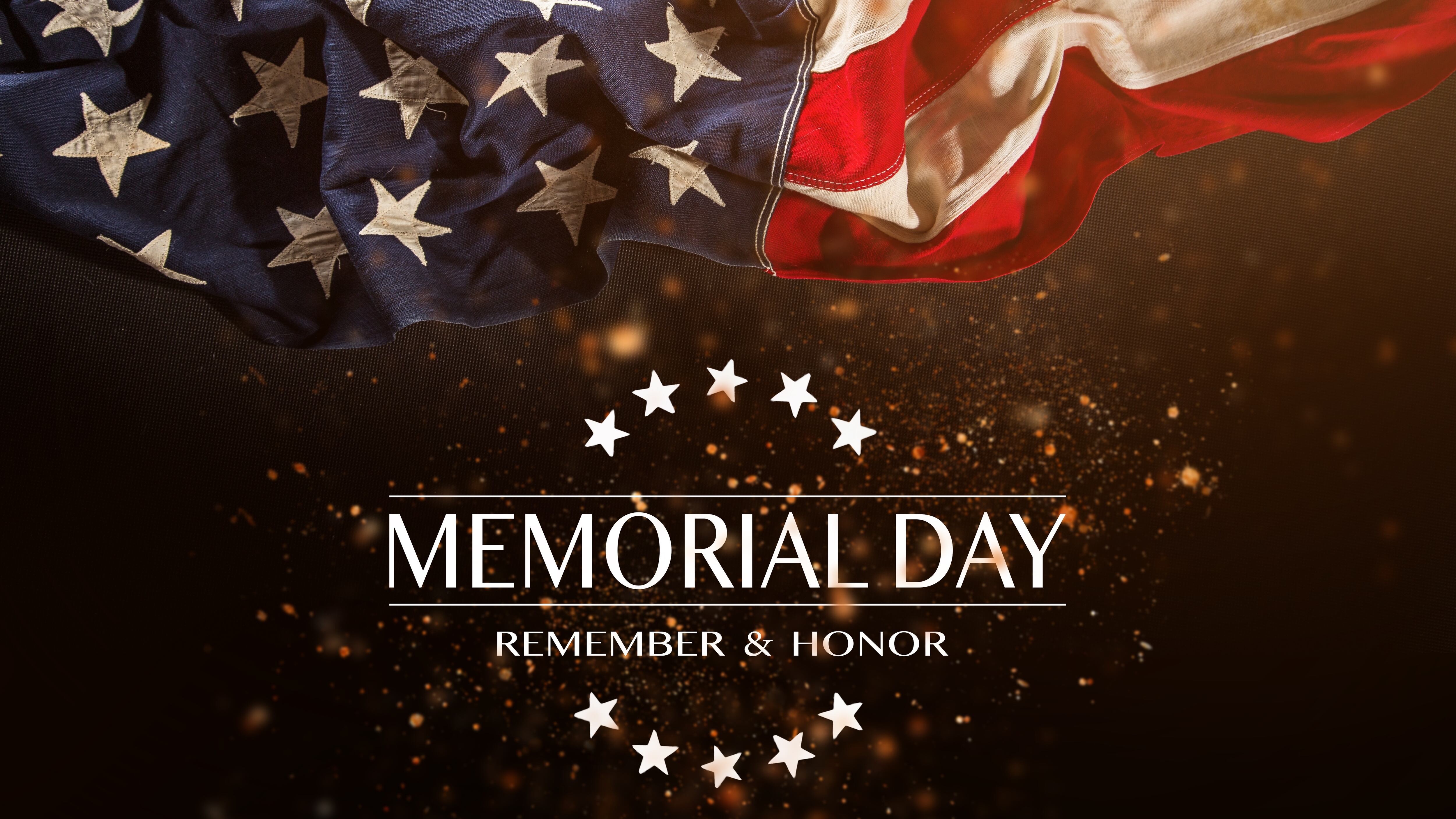 American flag with the text Memorial day. Celebration of all who served.