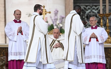 VATICAN CITY, VATICAN - MARCH 31: Pope Francis celebrates the Easter Sunday Mass at St. Peter's Square, in Vatican City, Vatican, on March 31, 2024. Easter is a Christian festivity which celebrates the resurrection of Jesus on the third day of his death by crucifixion. (Photo by Isabella Bonotto/Anadolu via Getty Images)